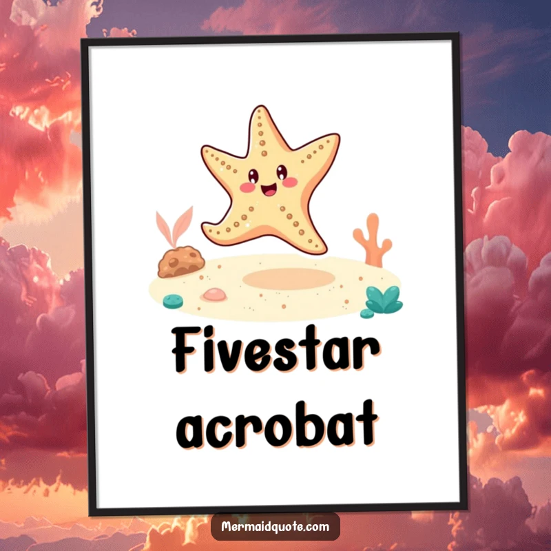 Funny cheerful starfish doing a cartwheel on the sandy ocean floor, as a vibrant art poster.