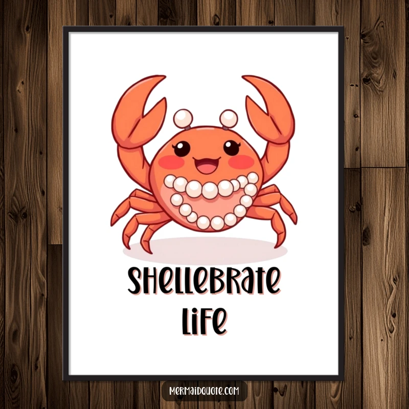 Funny happy crab creature waving its claws, elegantly adorned with pearls, presented as captivating wall art.