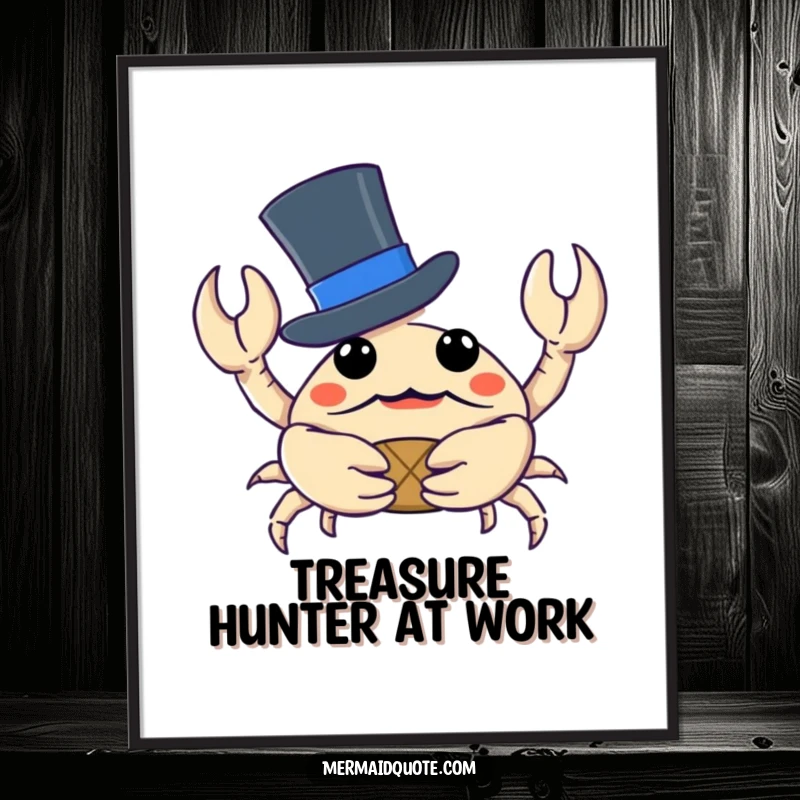 Funny crab wearing an elegant top hat, guarding a miniature treasure, presented as vibrant wall art for a cheerful home.