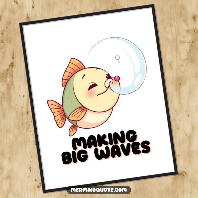 Funny fish poster art showing a small, focused fish expelling a huge, glistening bubble, representing a moment of triumph and great effort.