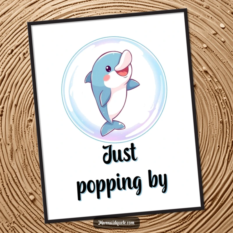 Funny dolphin poster featuring a playful character comically leaping through a giant, sparkling bubble, adding whimsical decor.