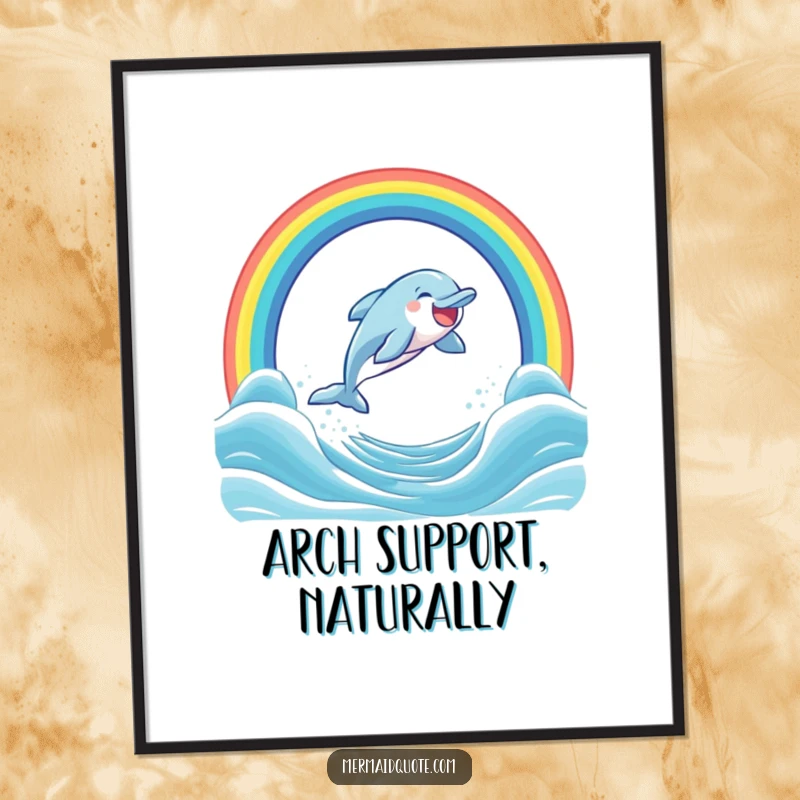 Funny poster print of a delighted dolphin arching through a radiant rainbow over a whimsical ocean, radiating sheer happiness.