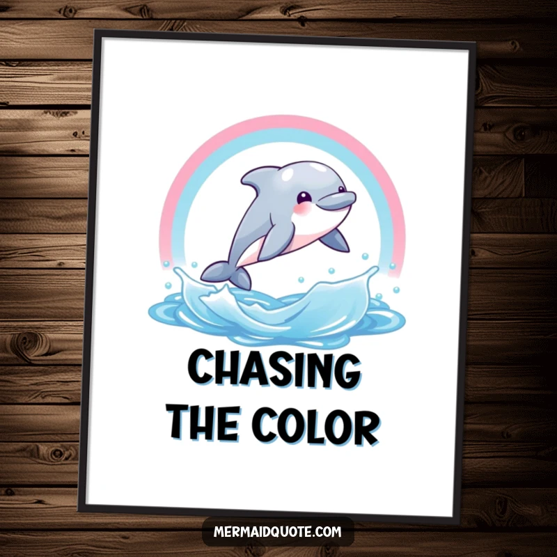 Funny poster art of a giggling dolphin creature leaping through a vibrant rainbow water arch. Joyful wall decor.