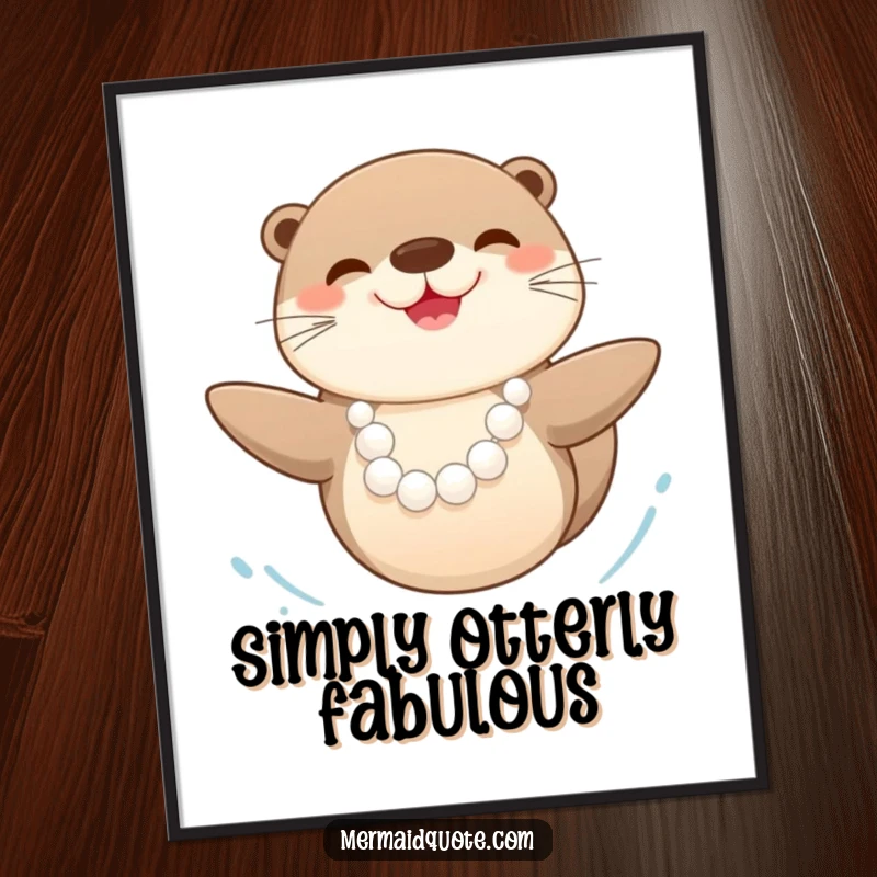 Funny happy sea otter wearing a lustrous pearl necklace, captured mid-swim with pure joy, presented as a vibrant poster.