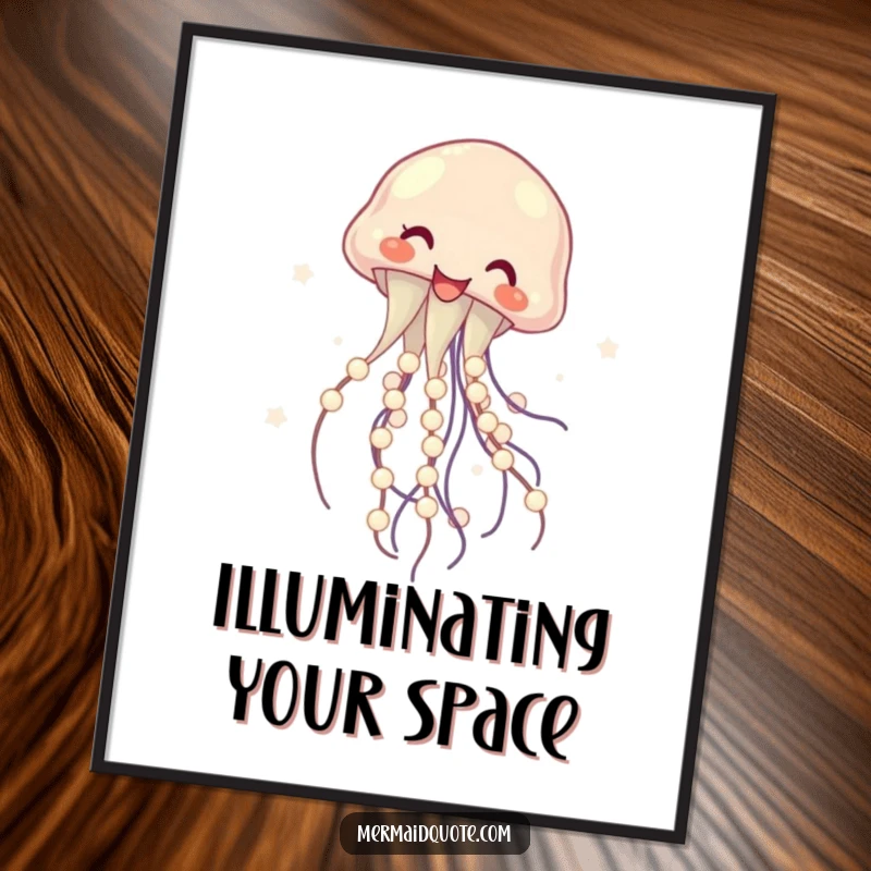Funny poster of a laughing jellyfish artistically twirling glowing pearls, vibrant marine art that brings humor and elegance to any space, a gift.