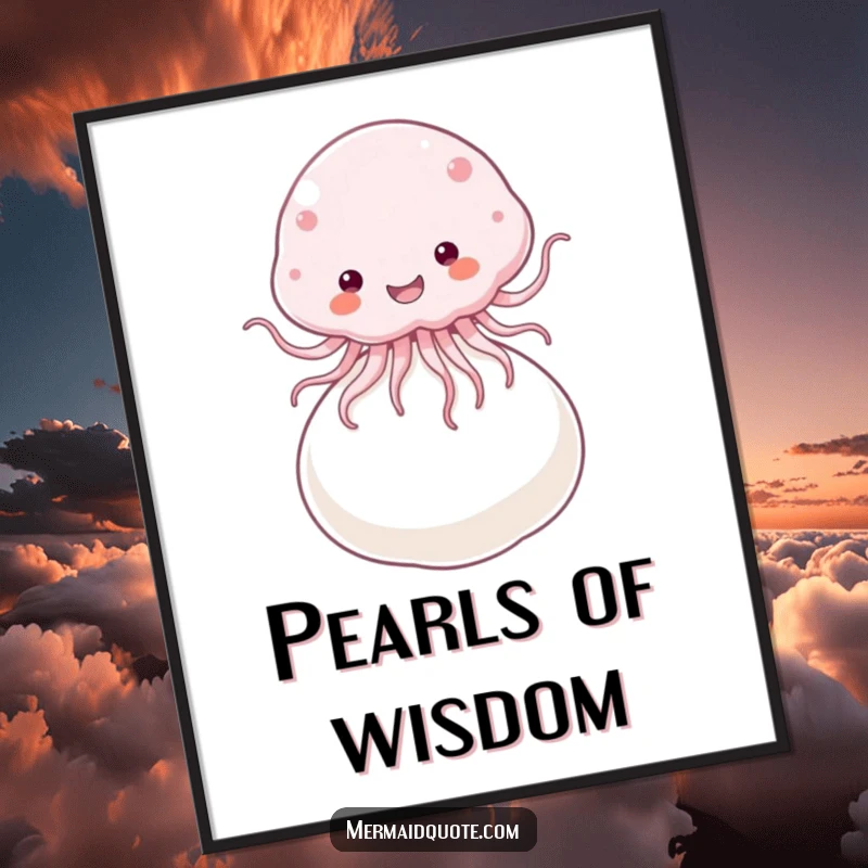 Funny Poster showcasing a fluffy jellyfish joyfully bouncing on a giant pearl, adding whimsical and humorous wall art.