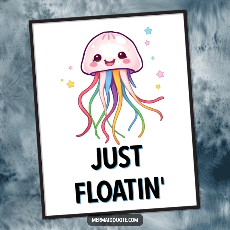 Funny happy jellyfish creature with long, flowing, colorful ribbons, creating a peaceful and vibrant underwater scene on a poster.