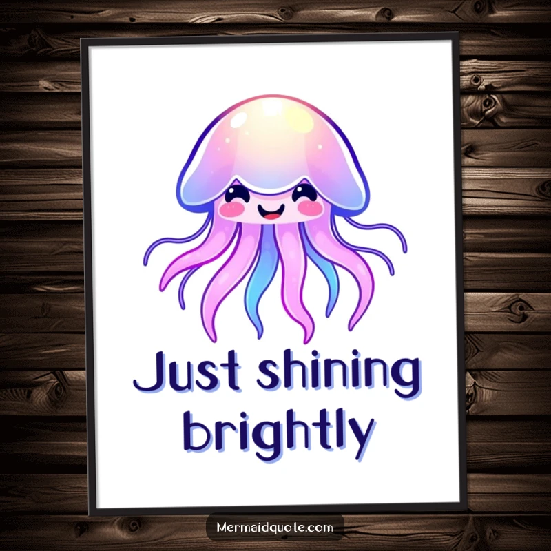 Funny kawaii jellyfish poster with a happy smile and a gentle, colorful pulse of light emanating from the adorable sea creature.