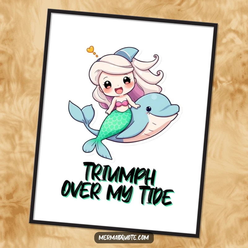 Funny poster showing a mermaid with a triumphant grin riding a friendly dolphin, a hilarious celebration of aquatic friendship.