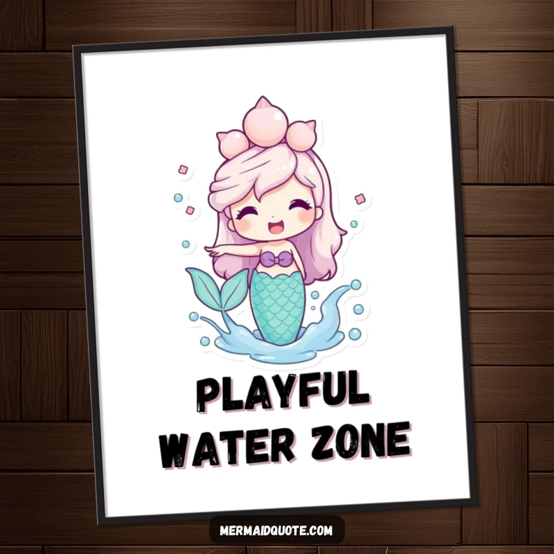 Funny Mermaid Poster showing a friendly mermaid in a seashell crown playfully splashing water, adding whimsical ocean decor.