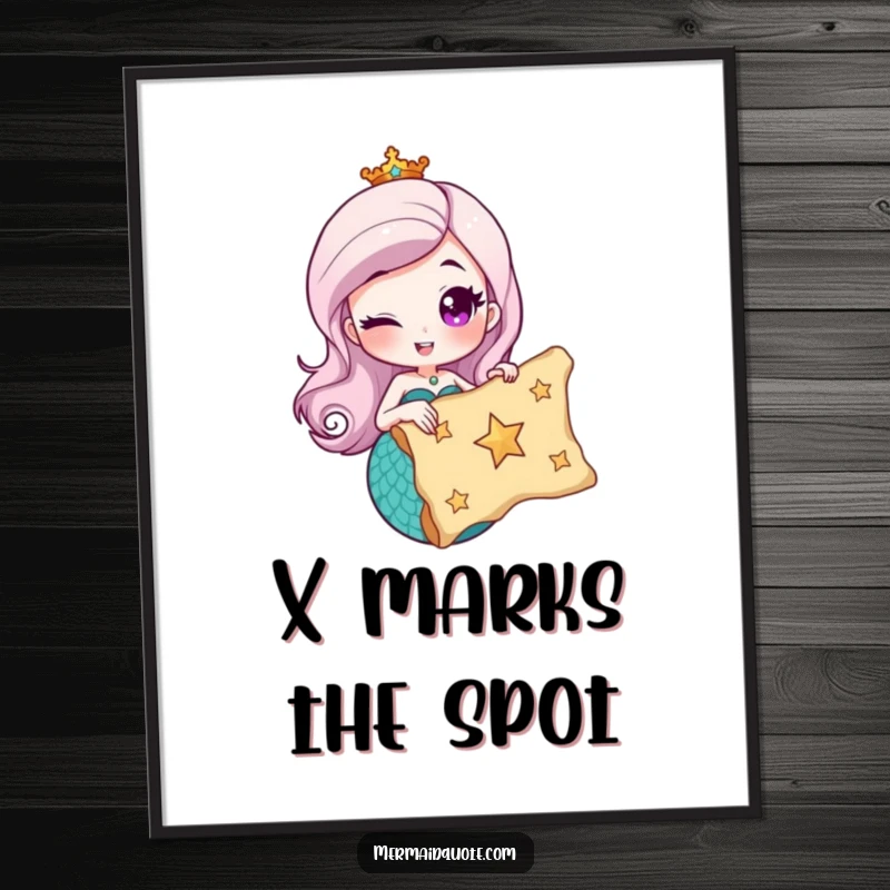 Funny poster of a mermaid winking while holding a treasure map with a star, a humorous piece evoking discovery and excitement.