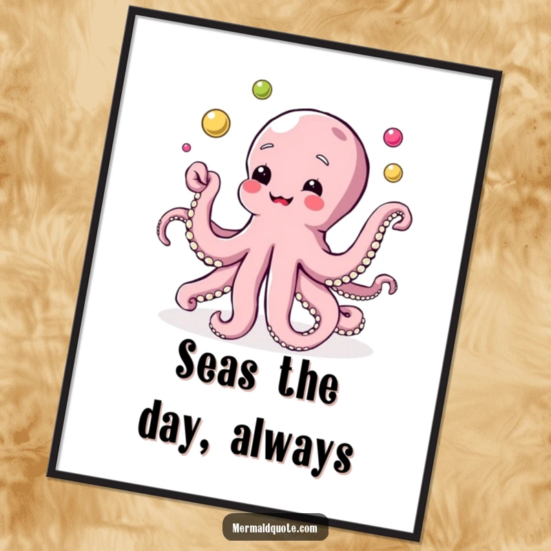 Funny poster art of a multi-limbed octopus artistically juggling an array of colorful pearls against a plain background, full of mirth.