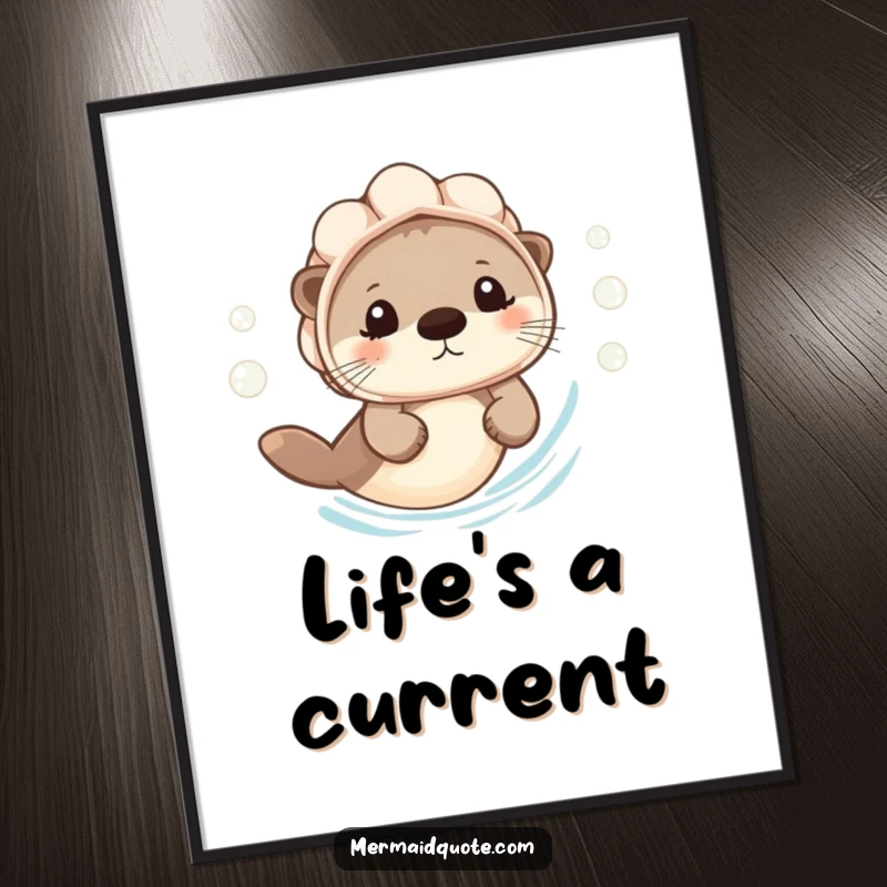 Funny Poster: A tiny otter wears a seashell helmet and swims cheerfully, leaving a delightful bubble trail.