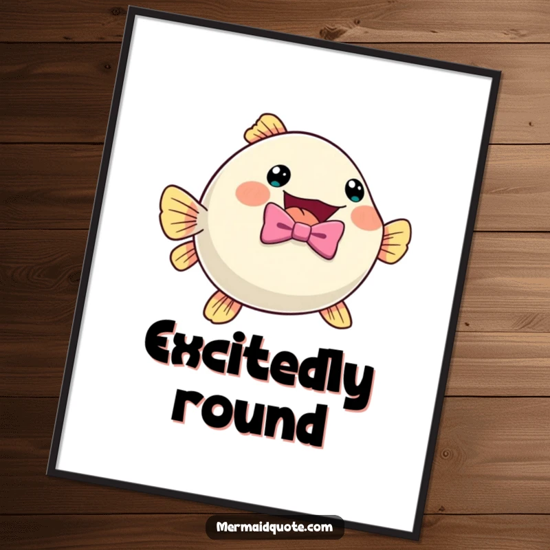 Funny pufferfish wearing a bow tie, shown inflating with excitement, presented as vibrant wall art.