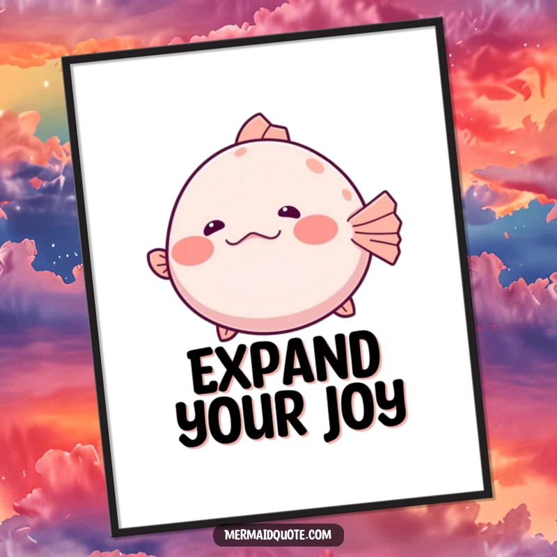 Funny Poster of a shy pufferfish slightly inflating with a hesitant giggle, embodying gentle humor and oceanic bashfulness.