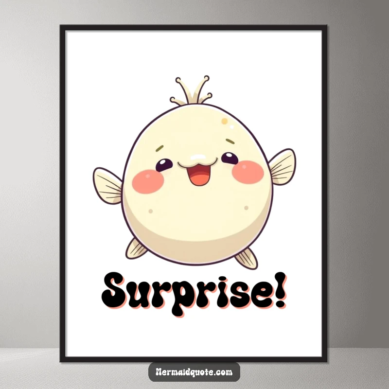 Funny pufferfish poster, comically puffed up with a look of delighted surprise, ideal for adding humorous and whimsical touches to decor.