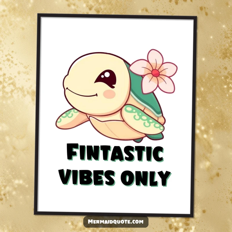 Funny sea turtle winking with a flower behind its ear, swimming fast, as a vibrant art poster.