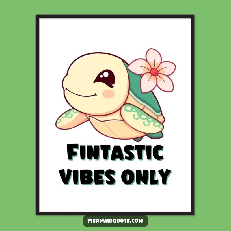 Funny Sea Turtle Poster: Winking Swimmer with Flower, Hilarious Ocean Art Print