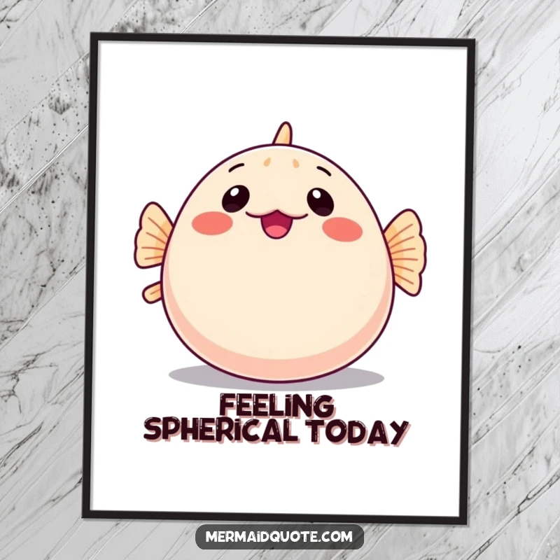 Funny poster print of a shy pufferfish comically inflating into a large, round shape, symbolizing relatable bashfulness and humor.