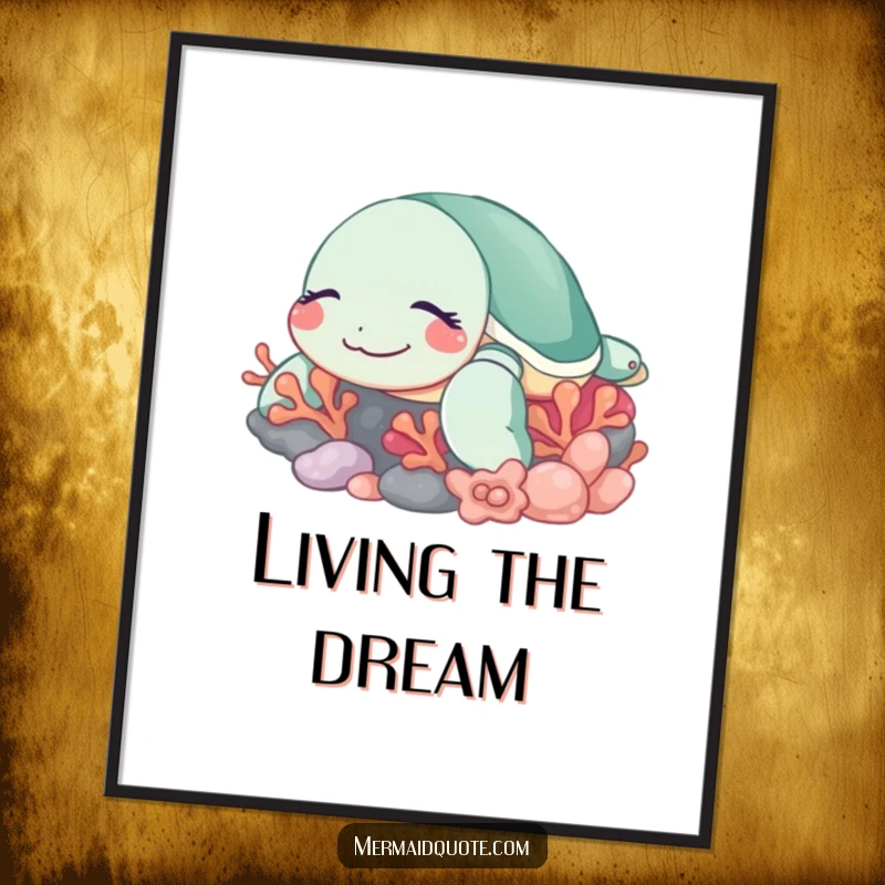 Funny sleeping turtle poster art featuring a content sea turtle with a peaceful smile, resting gently near a vibrant coral reef.