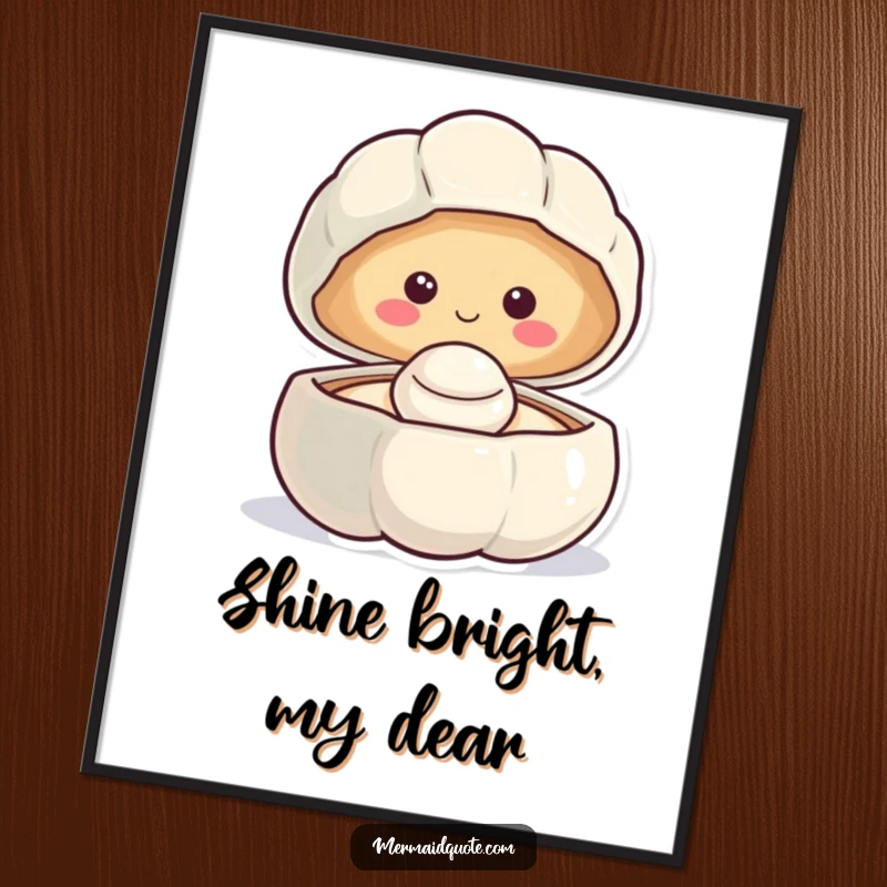 Funny smiling clam poster with a happy pearl, a vibrant and joyful piece of ocean-themed art.