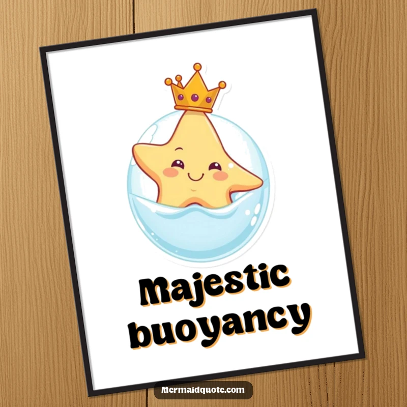 Funny poster of a smiling starfish wearing a tiny crown, floating on a bubble, evoking a sense of whimsy and playful regality.