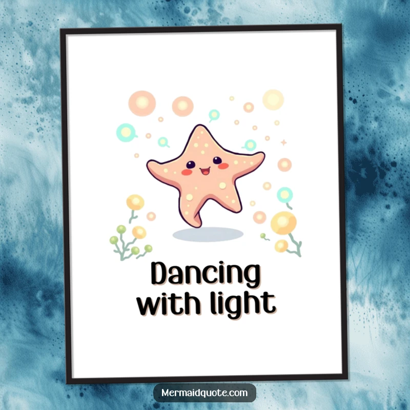 Funny poster art of a playful starfish creature dancing amid glowing plankton. Enchanting underwater wall decor.