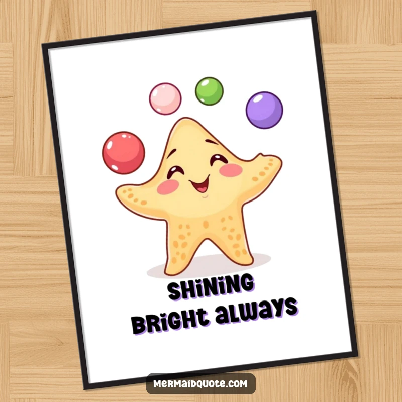 Funny Starfish Juggling Poster: Playful wall art of a starfish juggling pearls with a mischievous grin, a vibrant ocean scene.