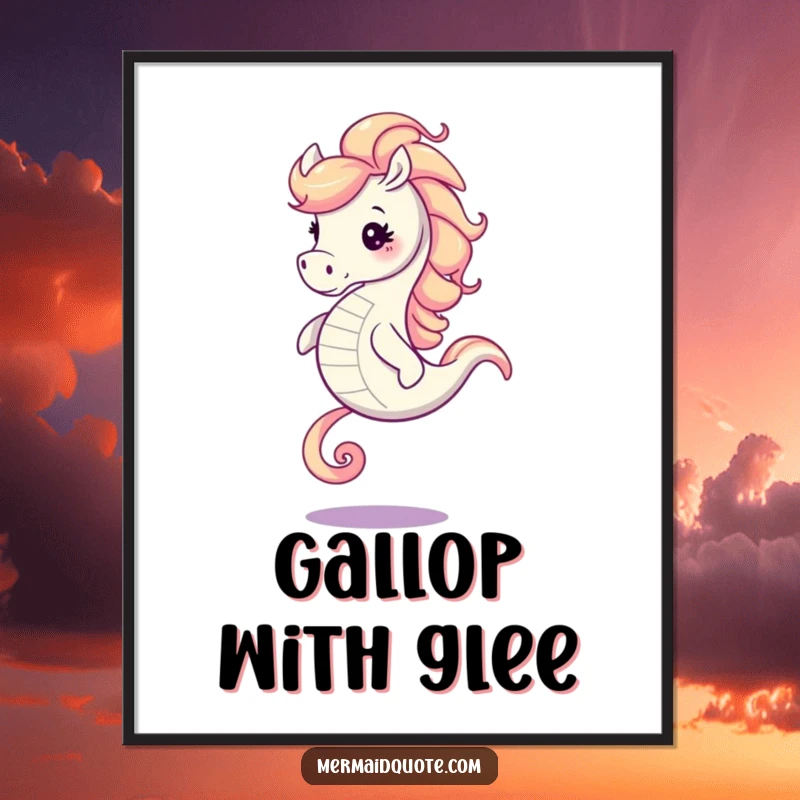 Funny seahorse with a majestic swirling mane captured mid-gallop, presented as lively wall art for a cheerful space.