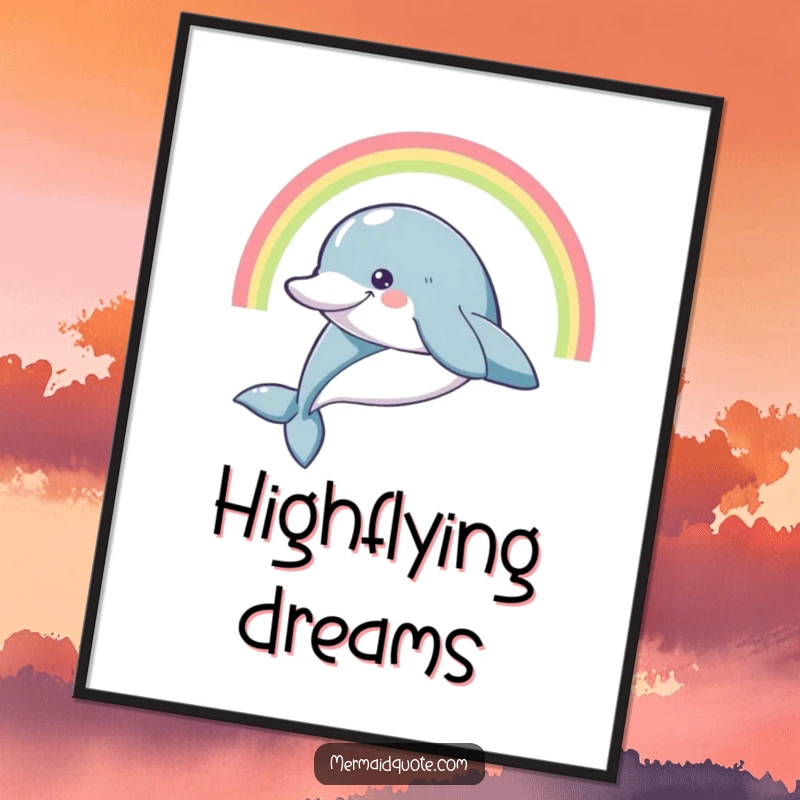 Funny smiling dolphin leaping high with a rainbow arc, as a vibrant art poster.