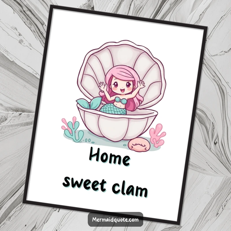 Funny poster of a mermaid waving from inside a giant clam, whimsical underwater art.