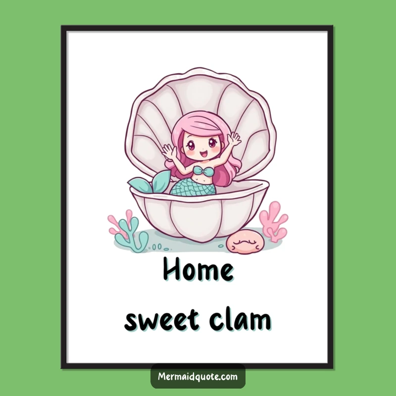 Funny Mermaid Clam Wave Poster - Whimsical Ocean Wall Art Gift