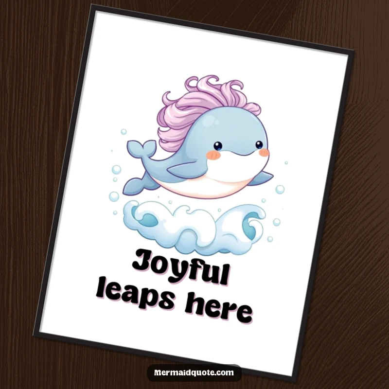 Funny art poster depicting a baby whale with a flowing mane joyfully leaping from bubbly ocean waves, creating a humorous and whimsical wall decor piece.