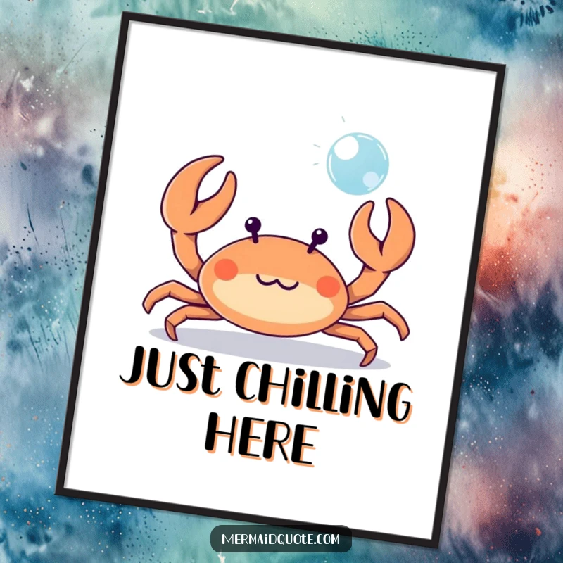 Funny tiny crab playfully waving its tiny claws at a bubble, a poster evoking seaside charm and amusement.