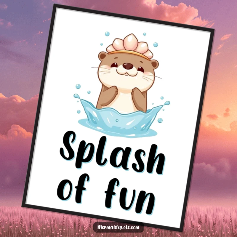 Funny art poster depicting a kawaii otter with a seashell crown, playfully splashing water upwards, creating a humorous and adorable wall decor piece.