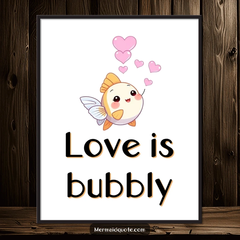 Funny tiny angelfish poster, happily blowing a string of romantic heart-shaped bubbles, creating a serene and loving atmosphere.