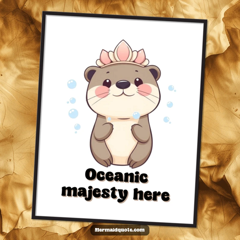 Funny kawaii otter wearing a seashell crown blowing bubbles, charming wall art print, perfect for a whimsical touch.