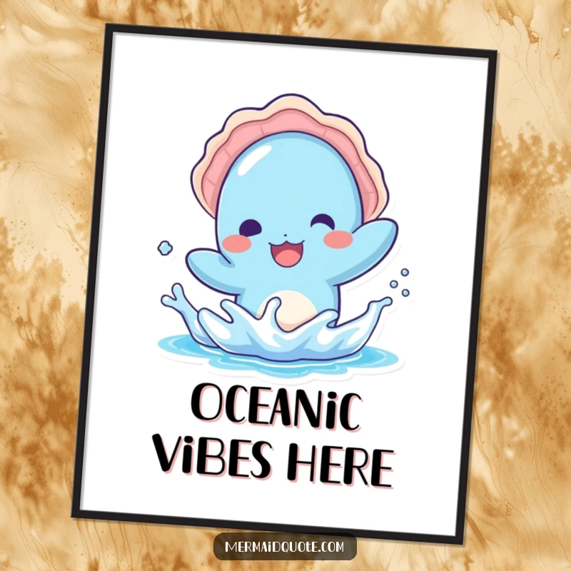 Funny poster showcasing a kawaii blue creature with a seashell hat, splashing water playfully, adding a burst of coastal fun.