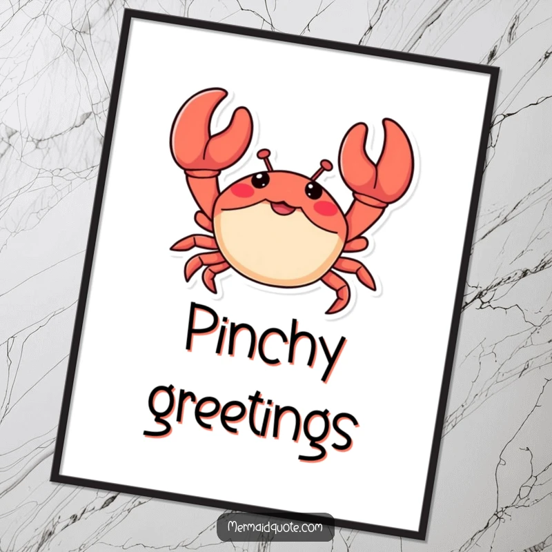 Funny poster print of a little crab with large claws waving energetically, capturing a cheerful and friendly ocean greeting.