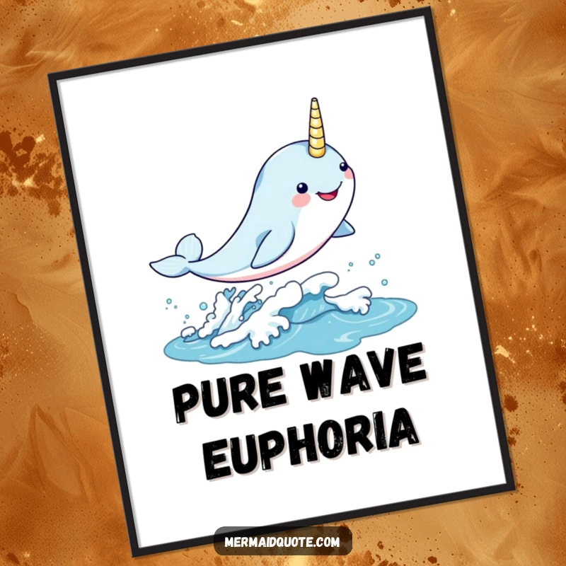 Funny kawaii narwhal leaping gleefully through a shimmering wave, magical wall art for ocean enthusiasts.