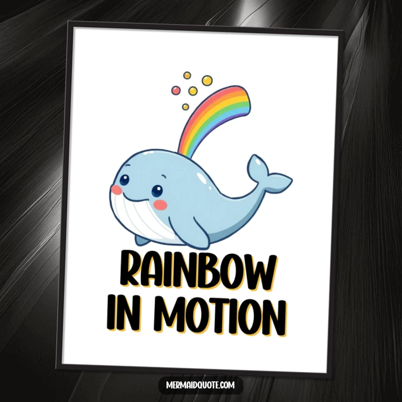 Funny smiling whale spouting a colorful rainbow, presented as vibrant wall art for a cheerful and uplifting atmosphere.