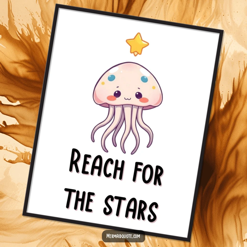 Funny jellyfish poster featuring a curious character with gentle tentacles reaching for a twinkling star, adding dreamy decor.
