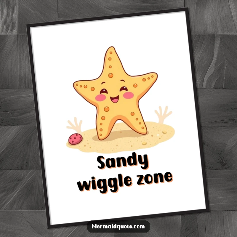 Funny poster art of a happy starfish doing a funny wiggle dance on a sandy seabed, creating a delightful ocean scene.