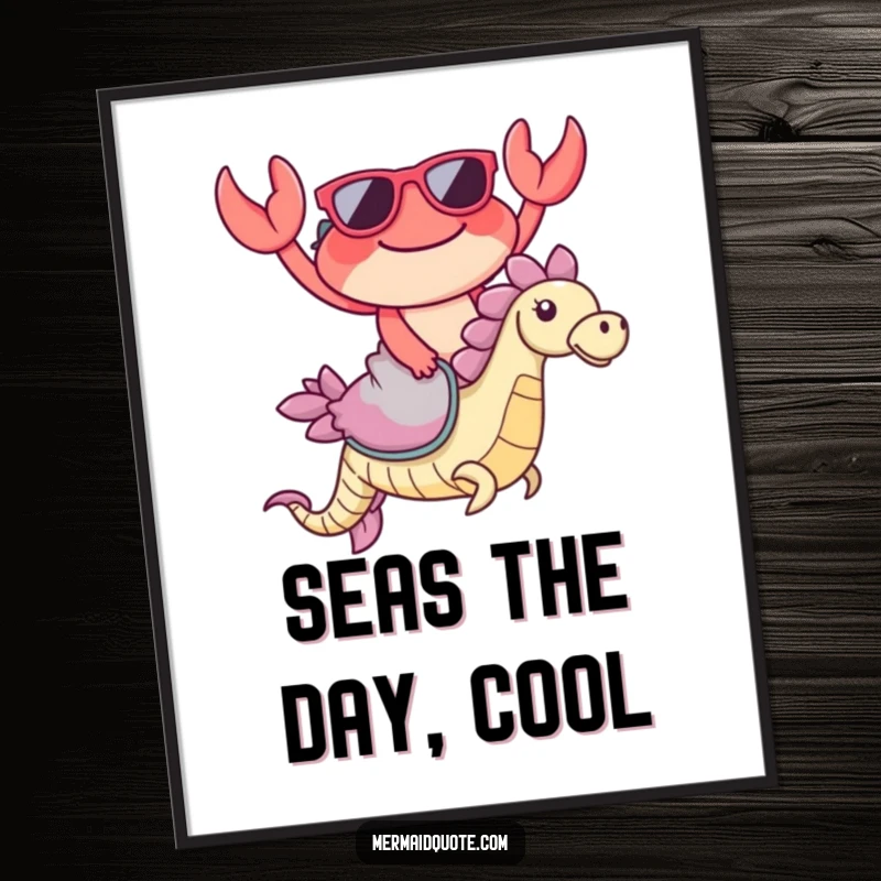 Funny Crab Sunglasses Poster: A vibrant poster of a happy crab in sunglasses riding a seahorse, bringing ocean fun.