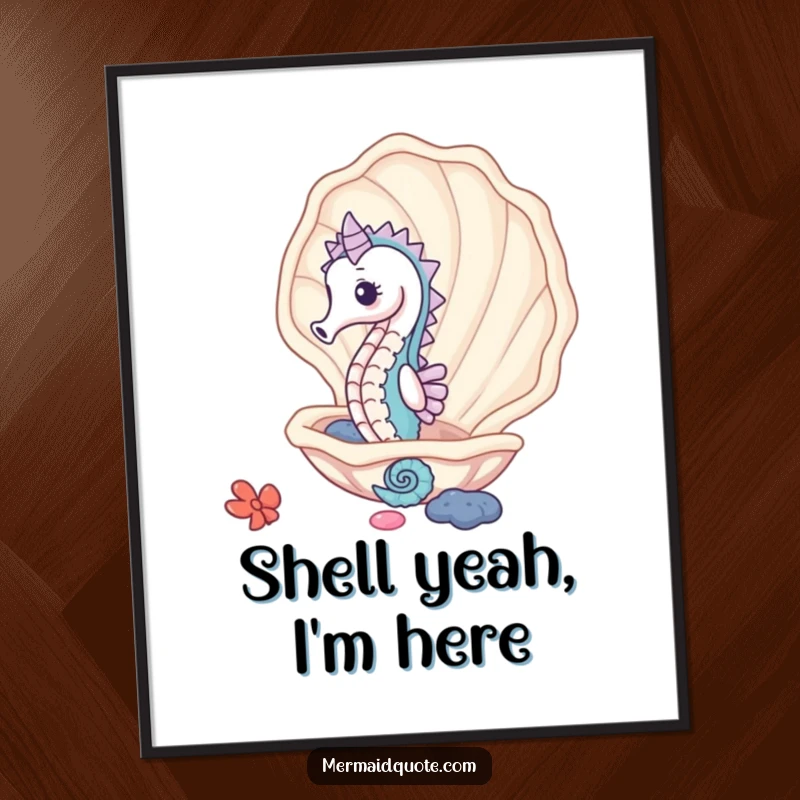 Funny cute seahorse peeking from a giant clam shell, a poster evoking underwater charm and curiosity.