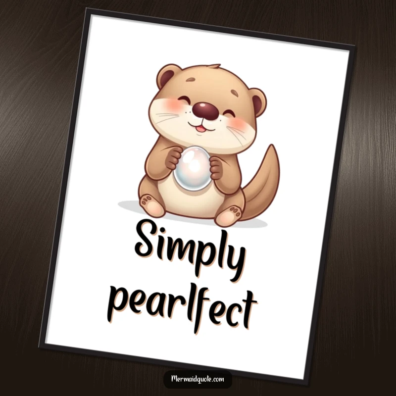 Funny poster art of a curious otter creature joyfully holding a lustrous pearl. Whimsical wall decor.
