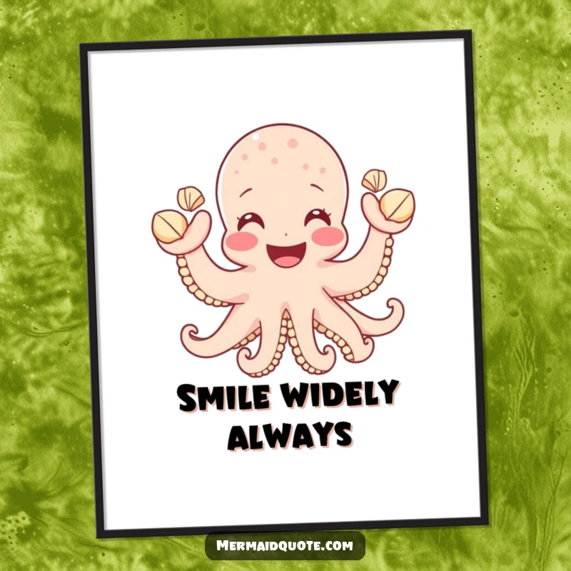 Funny poster featuring a joyful octopus with a wide smile, waving many small seashells, bringing marine charm and humor to any wall, a gift.