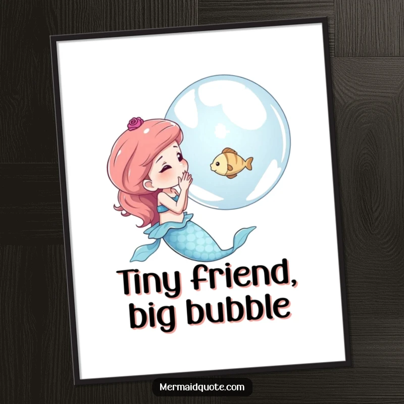 Funny poster depicting a mermaid blowing a shimmering bubble that perfectly cradles a tiny fish, showcasing delicate magic and humor.