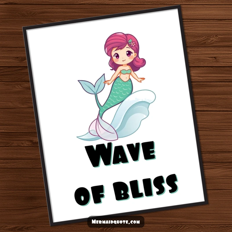 Funny poster of a mermaid joyfully riding a wave, tail swishing, embodying ocean happiness.