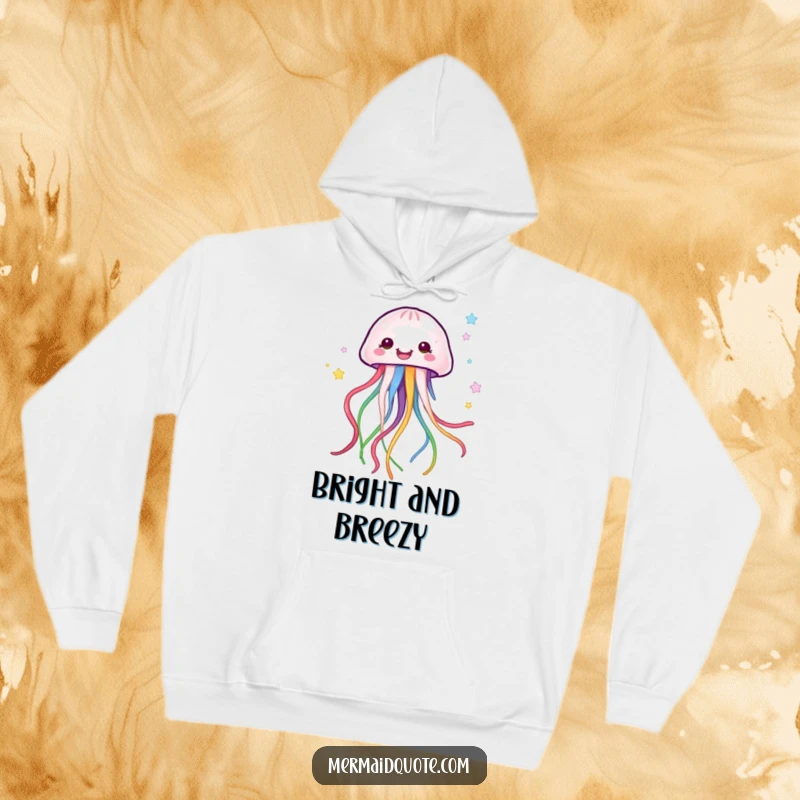 Funny happy jellyfish creature with long, flowing, colorful ribbons, designed as a cozy and humorous hoodie.